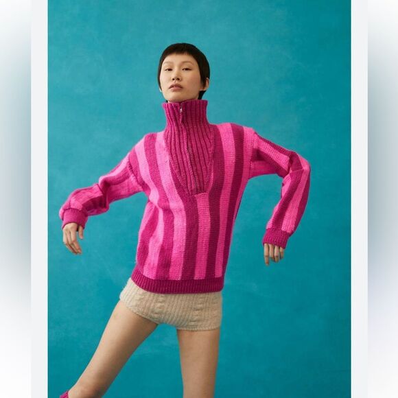 Tach Linette Stripe Sweater Sz L Rust Red Aqua Blue Coastal Grandpa Prep Sporty - Picture 12 of 14